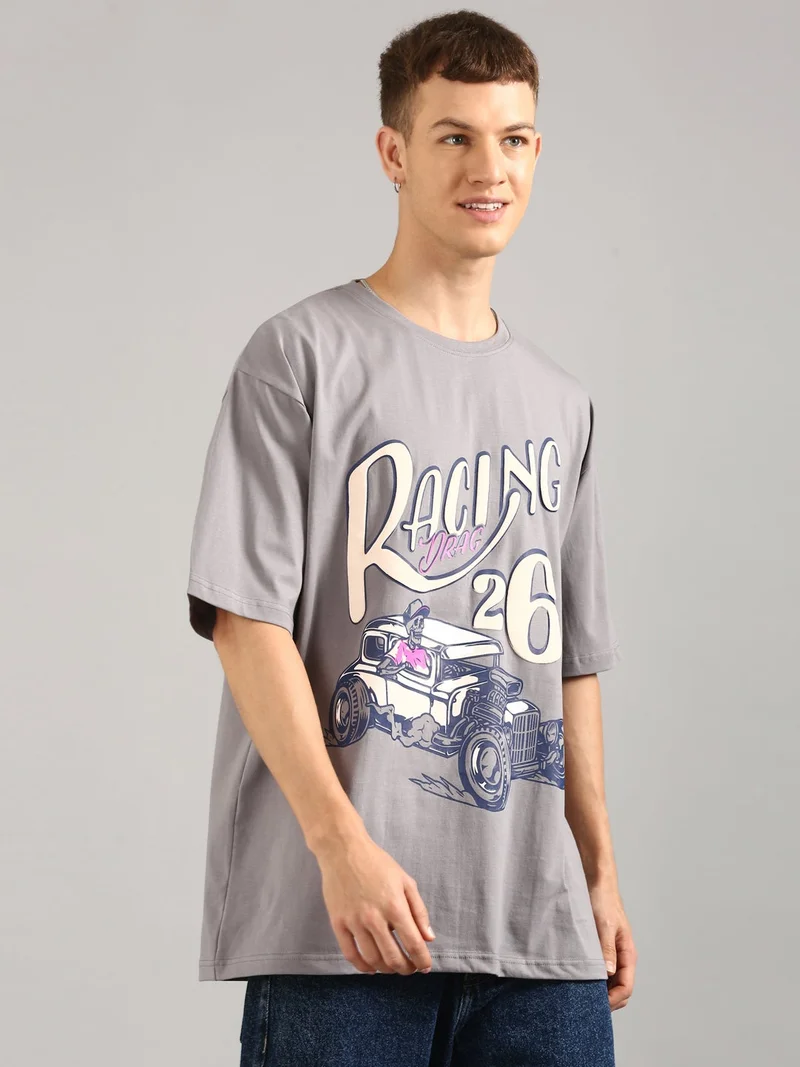 Joven Men Grey Printed Pure Cotton Oversized T-Shirt