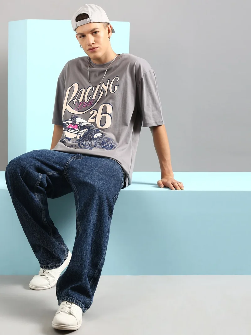Joven Grey Men Grey Printed Pure Cotton Oversized T-Shirt for Men | Best Price UAE