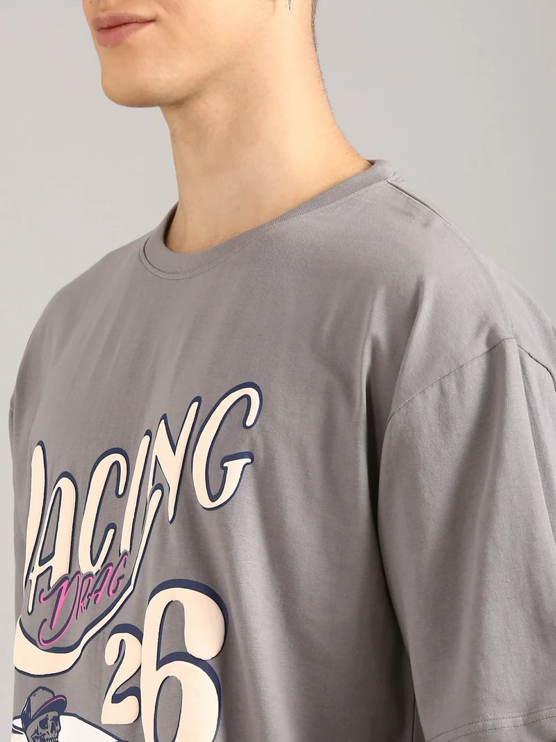 Joven Grey Men Grey Printed Pure Cotton Oversized T-Shirt for Men | Best Price UAE