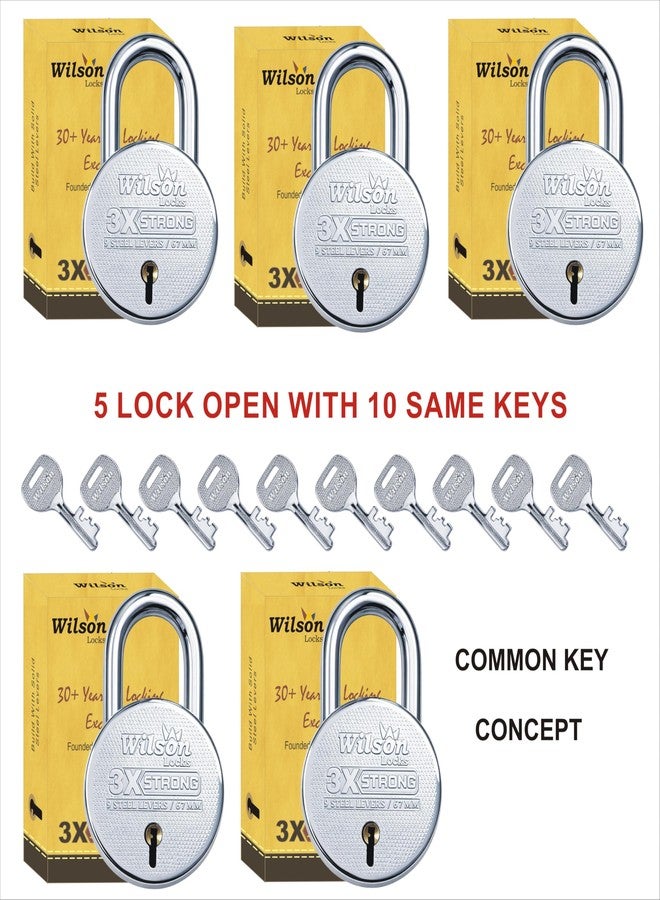 Wilson Locks® 5 Lock 10 Same Key Set Reguler Size 67mm 3X Strong Round Padlock with 9 Steel Levers, Silver Finish, Includes Keys (5 Lock 10 Same Key) - Image 2