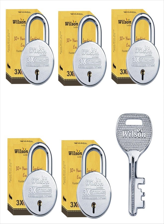 Wilson Locks® 5 Lock 10 Same Key Set Reguler Size 67mm 3X Strong Round Padlock with 9 Steel Levers, Silver Finish, Includes Keys (5 Lock 10 Same Key) - Image 1