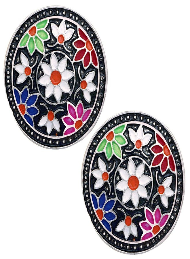 Mahi أقراط مرصعة بالمينا السوداء بتصميم زهري مستدير الشكل من ماهي للنساء (ER1109723R) - Image 2