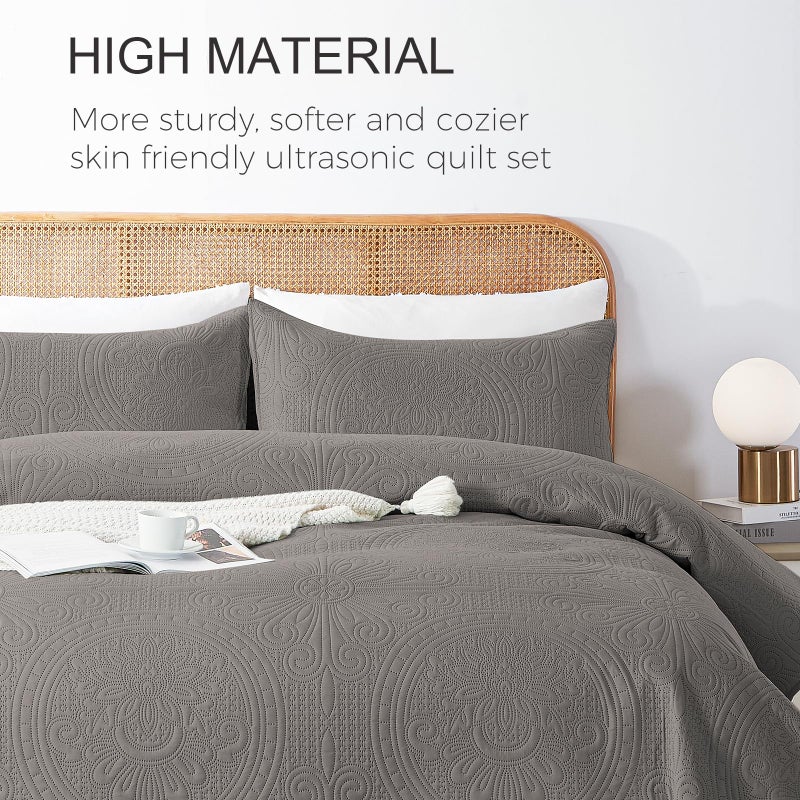 Wuruibo Grey Full/Queen Quilt Bedding Set  3 Pieces Lightweight Bedspreads With Pillow Shams  Microfiber Modern Thin Coverlet  Summer Quilted Comforter For All Season (1 Quilt  2 Shams) - Image 3