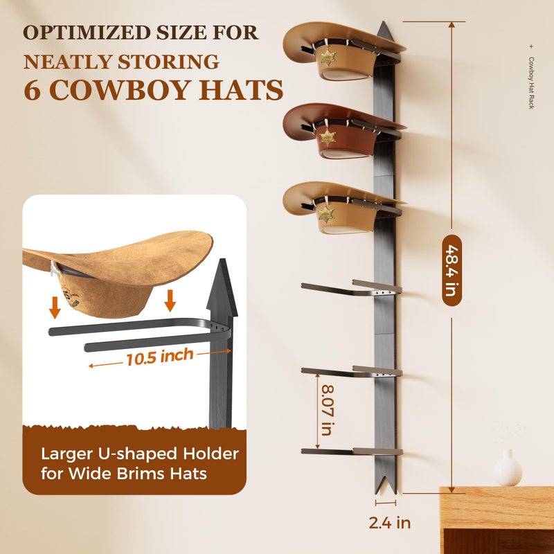 Orapoke Cowboy Hat Rack for Wall, Cowboy Hat Holder Wall Mount Holds up to 6 Hats, Wooden Western Rustic Metal Hat-Organizer with Arrow Sign Board, Display and Decor Rack for Fedora, Sun Hats,Baseball Caps - Image 3