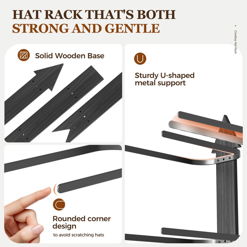 Orapoke Cowboy Hat Rack for Wall, Cowboy Hat Holder Wall Mount Holds up to 6 Hats, Wooden Western Rustic Metal Hat-Organizer with Arrow Sign Board, Display and Decor Rack for Fedora, Sun Hats,Baseball Caps - Image 2