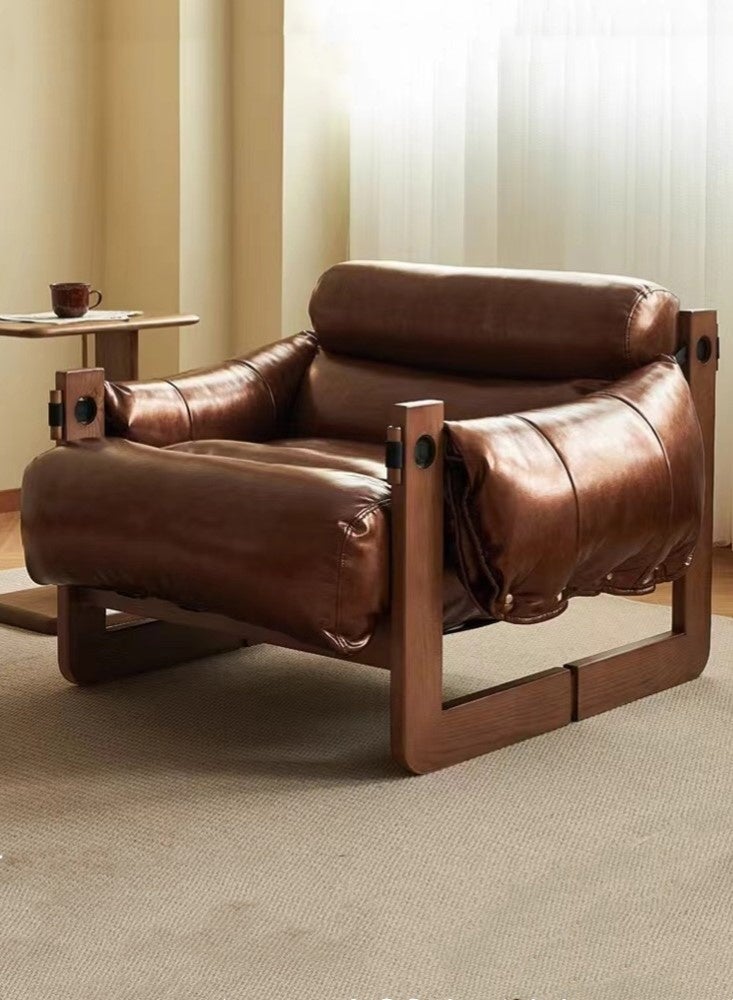 Kutis 1-Piece Lazy Sofa Chair Sofa Lounger High Back Sofa Chair For Adults And Children Wood/ PU Leather Brown 70x90x70 cm  - Image 1