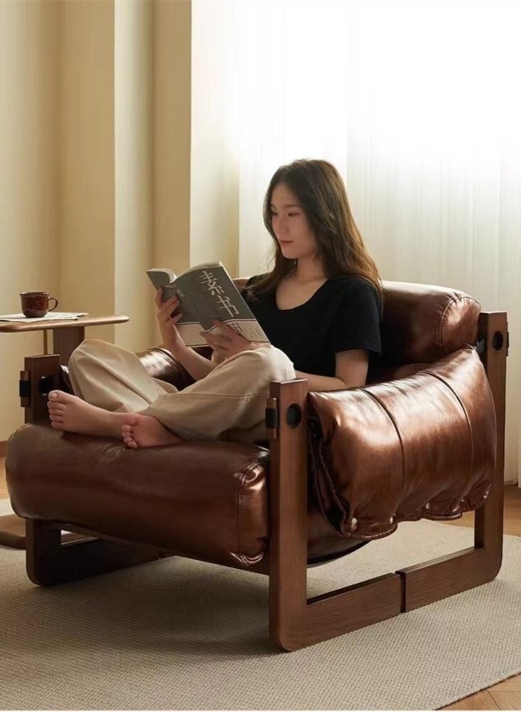 Kutis 1-Piece Lazy Sofa Chair Sofa Lounger High Back Sofa Chair For Adults And Children Wood/ PU Leather Brown 70x90x70 cm  - Image 2