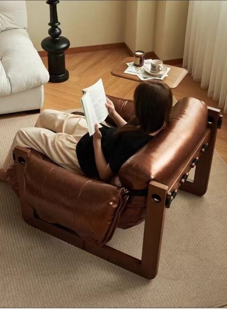 Kutis 1-Piece Lazy Sofa Chair Sofa Lounger High Back Sofa Chair For Adults And Children Wood/ PU Leather Brown 70x90x70 cm  - Image 4