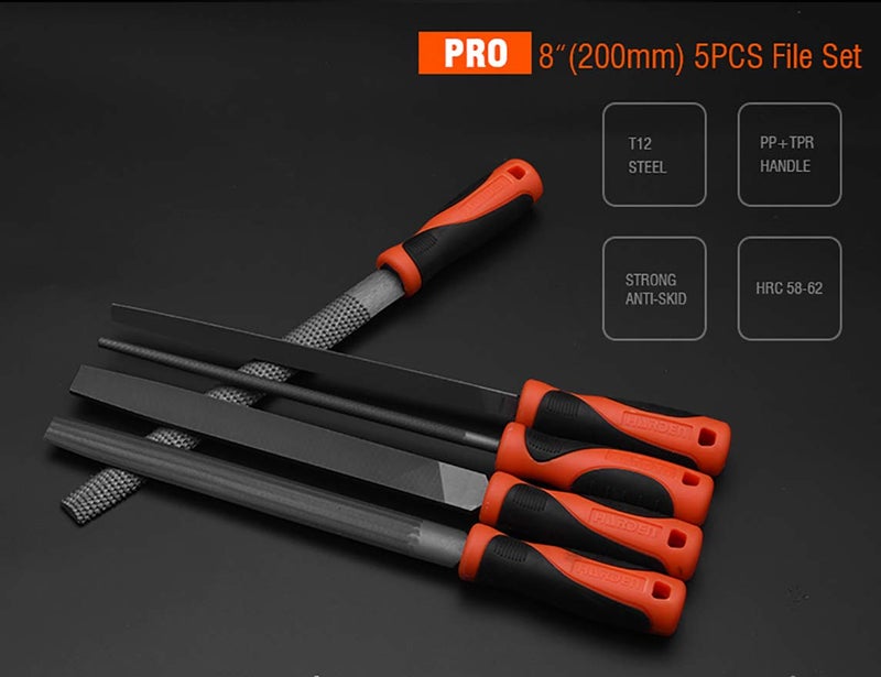 Harden Professional 8" (200mm) 5Pcs Metal File Set and Wood Rasp Set, Made from Super Hard T2 Steel, Comfortable TPR Handle - 610631 - Image 5