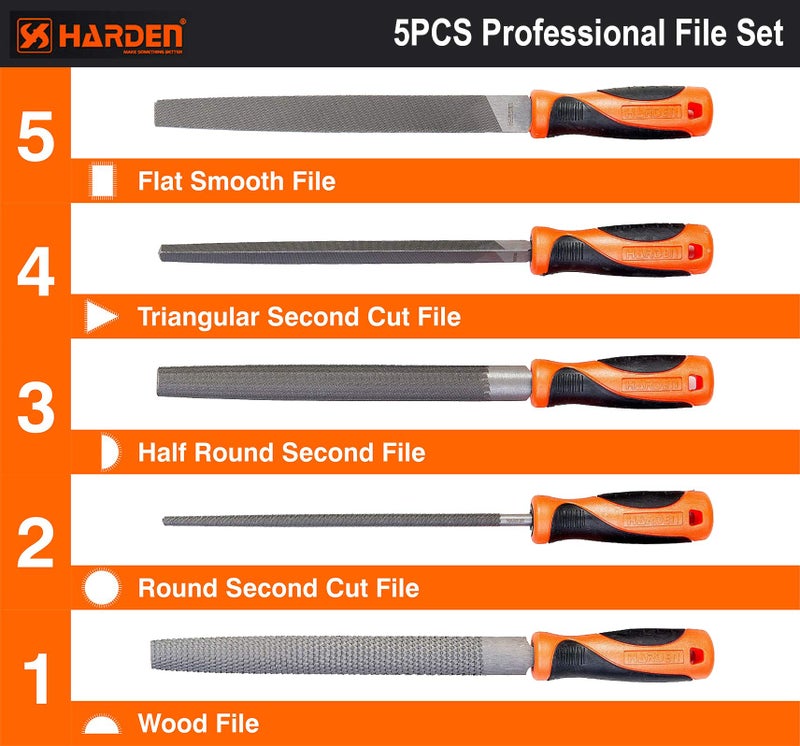 Harden Professional 8" (200mm) 5Pcs Metal File Set and Wood Rasp Set, Made from Super Hard T2 Steel, Comfortable TPR Handle - 610631 - Image 2