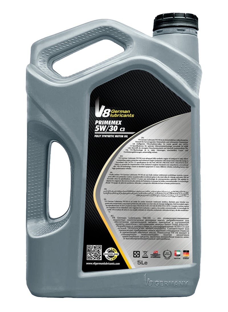 V8 German Lubricants 5W-30 API SN ACEA C3 (5L) – PRIMEMEX | Fully Synthetic High-Performance Motor Oil - Image 2