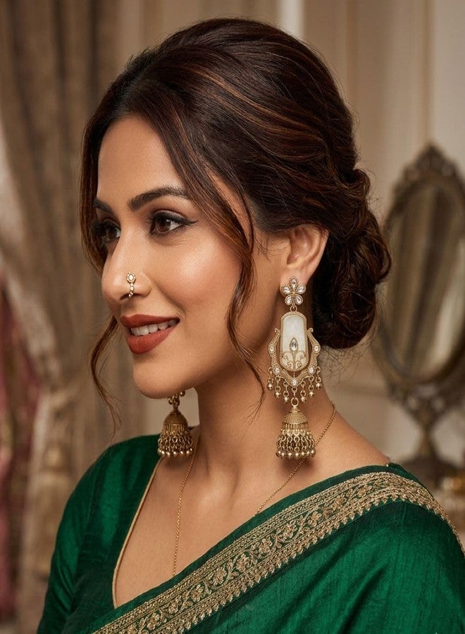 Siddhatva Stylish Oxidized Kundan Gold Jhumkas Earrings for Women Dangle Statement SilveGold Long Chandelier Jhumki Earing for Girls Birthday Gift - Image 4