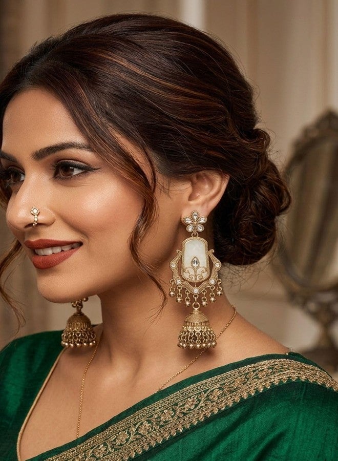 Siddhatva Stylish Oxidized Kundan Gold Jhumkas Earrings for Women Dangle Statement SilveGold Long Chandelier Jhumki Earing for Girls Birthday Gift - Image 2
