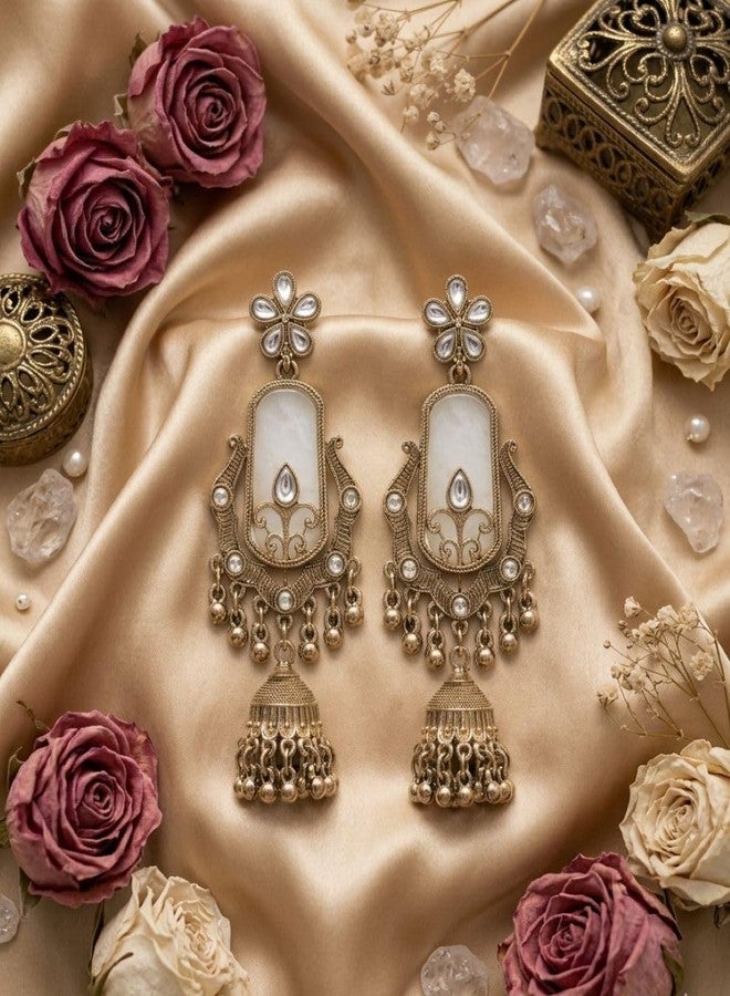 Siddhatva Stylish Oxidized Kundan Gold Jhumkas Earrings for Women Dangle Statement SilveGold Long Chandelier Jhumki Earing for Girls Birthday Gift - Image 5