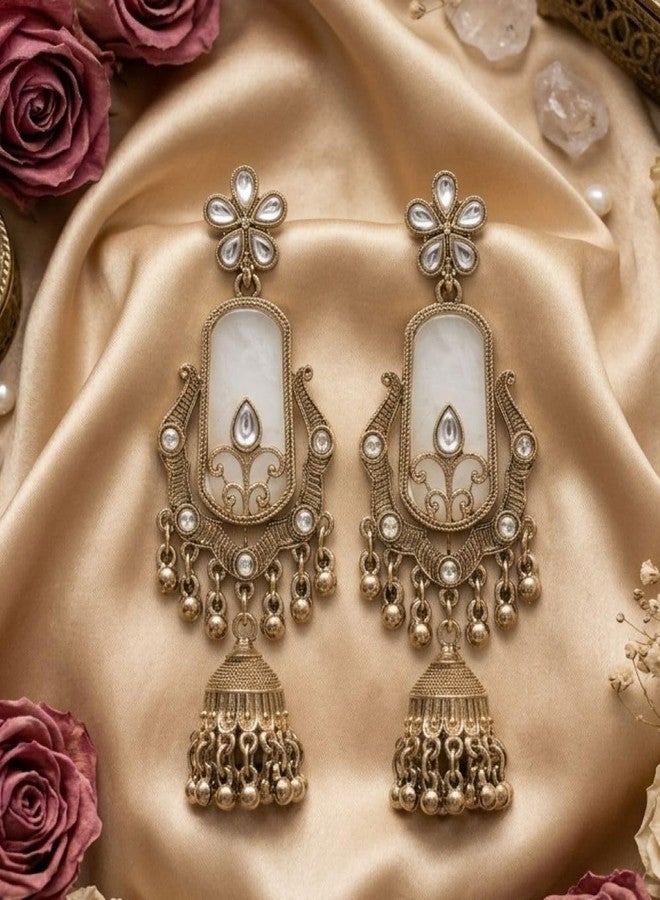 Siddhatva Stylish Oxidized Kundan Gold Jhumkas Earrings for Women Dangle Statement SilveGold Long Chandelier Jhumki Earing for Girls Birthday Gift - Image 3