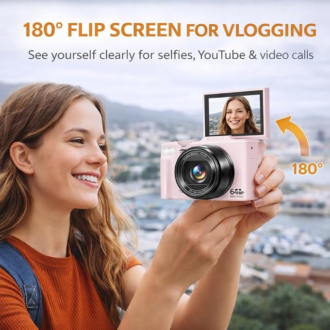 eDealz 4K 64MP Digital Camera for Photography, Vlogging Camera for YouTube with 3.0'' 180 Flip Screen, WiFi, 16X Digital Zoom, Wide Angle & Macro Lens - Image 4
