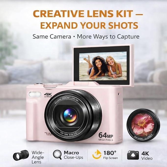 eDealz 4K 64MP Digital Camera for Photography, Vlogging Camera for YouTube with 3.0'' 180 Flip Screen, WiFi, 16X Digital Zoom, Wide Angle & Macro Lens - Image 2