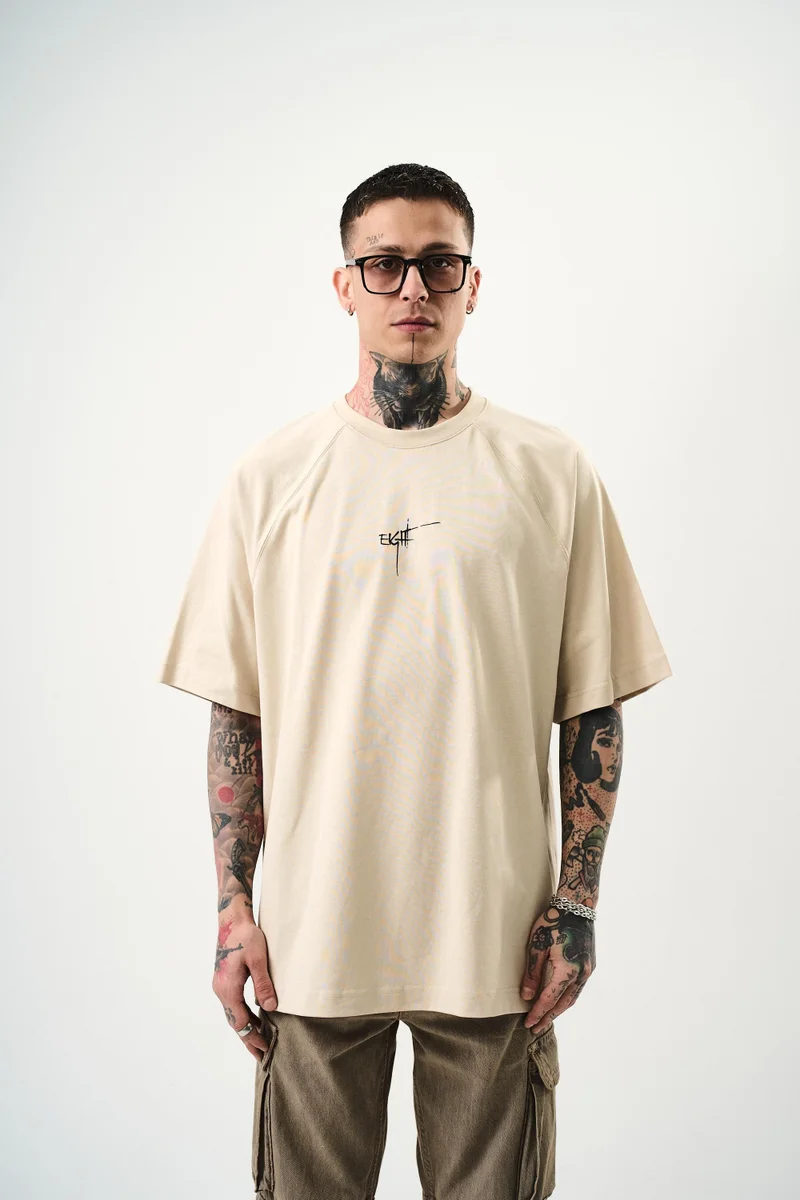 ريسباير تي شيرت رجالي مقاس كبير (Oversize) بطبعة "Eight"، بيج