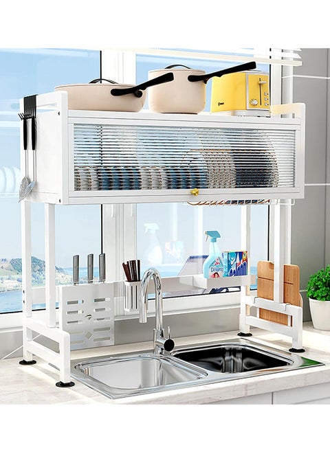 Heavy Duty Over The Sink Dish Drying Stand 3 Tier Large Dish Rack Over The Counter Dish Drying Rack for Kitchen Sink Shelf with Door Dish Organizer with Dust-Proof Cabinet (3 TIER WHITE SHELF)