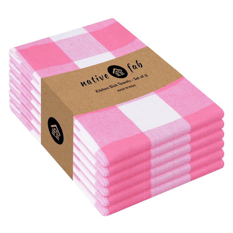 Native Fab Pink Checked Kitchen Towels 16"x26" - 6 Pack Buffalo Plaid Cotton Dish Towels - Absorbent Dishcloth Set, Soft Reusable Towel with Hanging Loop - Pink White - Image 1