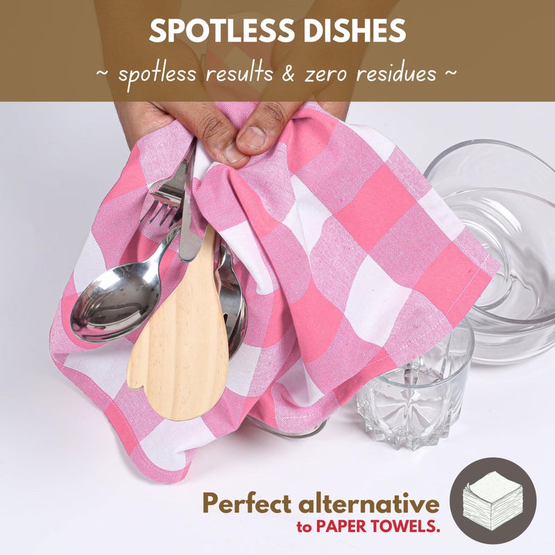 Native Fab Pink Checked Kitchen Towels 16"x26" - 6 Pack Buffalo Plaid Cotton Dish Towels - Absorbent Dishcloth Set, Soft Reusable Towel with Hanging Loop - Pink White - Image 4