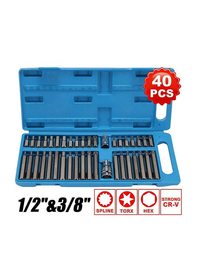 Generic - 40 in 1 Spline& Hex& Torx Star Bit Socket Set 3/8 1/2''Diameter Long Short Reach Allen Key with Storage Box - Image 1