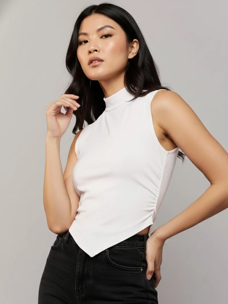 Outzidr  White High Neck Side Ruched Top for Women | Best Price UAE