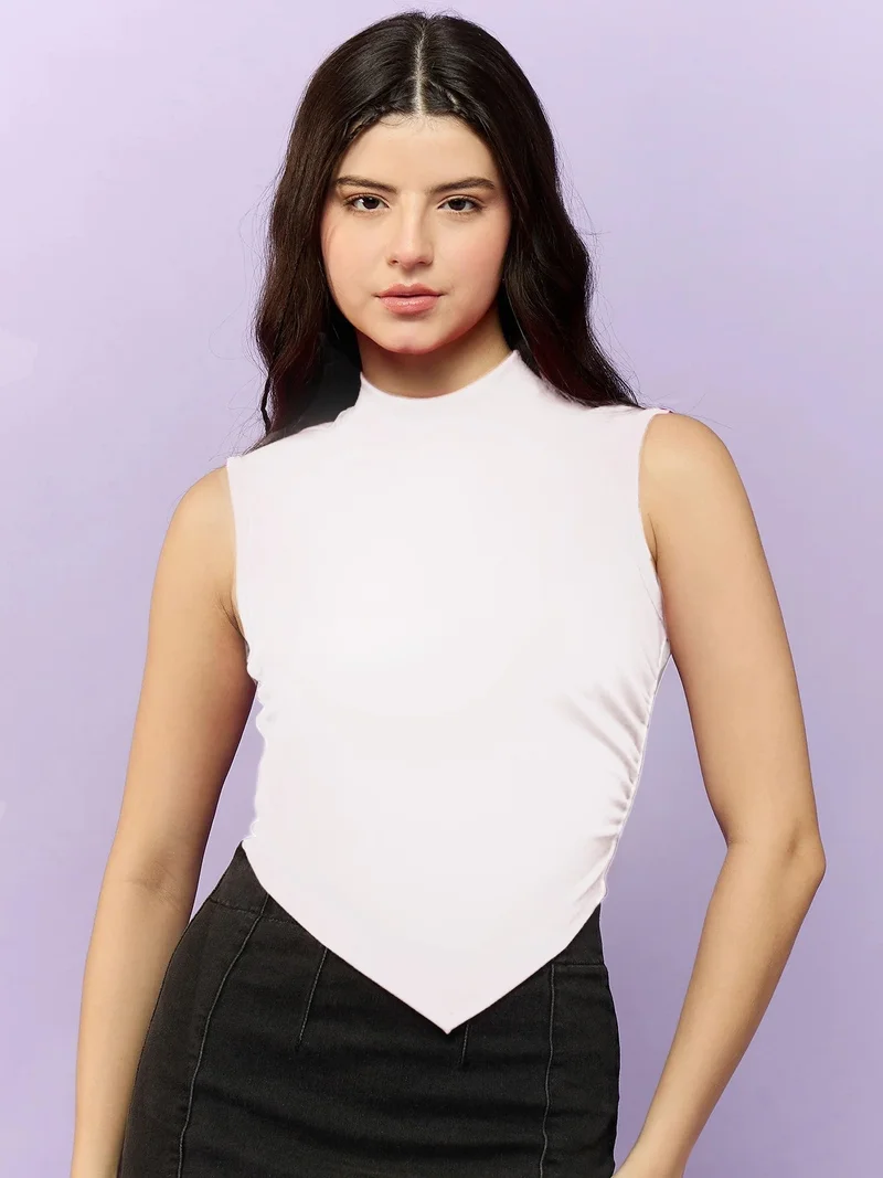 White High Neck Side Ruched Top