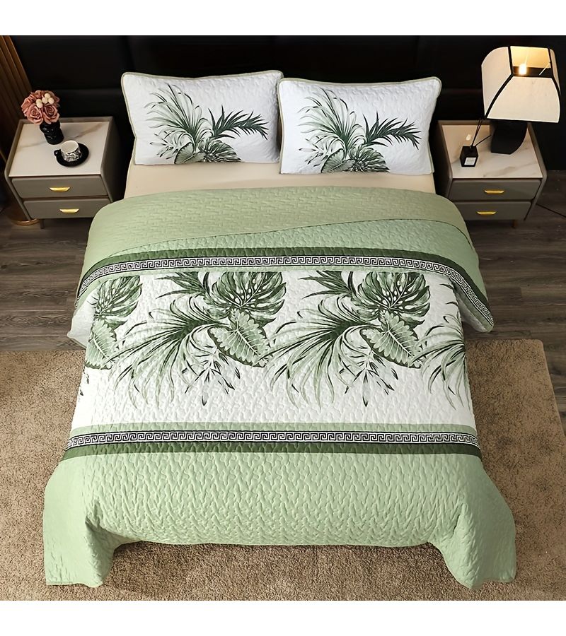 Large Floral Double Sided Quilted Bedspread 3 Piece Set Light Green One Bedspread Two Pillowcases Queen Size Skin Friendly Breathable Soft Suitable for All Seasons - Image 2