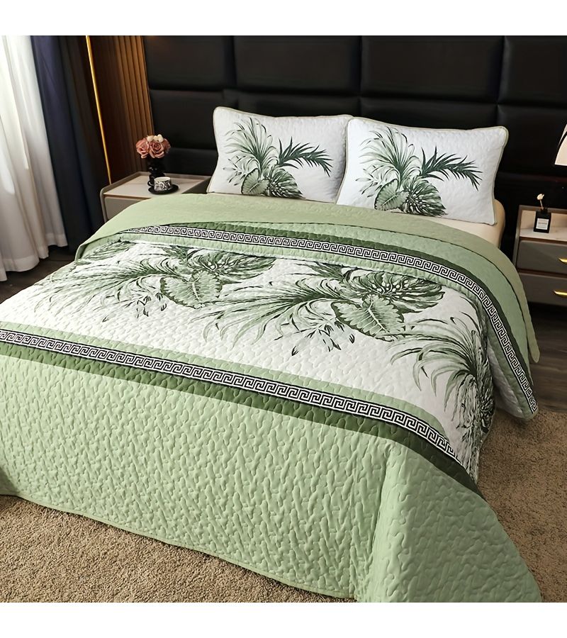 Large Floral Double Sided Quilted Bedspread 3 Piece Set Light Green One Bedspread Two Pillowcases Queen Size Skin Friendly Breathable Soft Suitable for All Seasons - Image 5