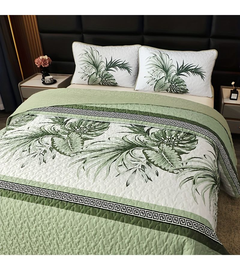 Large Floral Double Sided Quilted Bedspread 3 Piece Set Light Green One Bedspread Two Pillowcases Queen Size Skin Friendly Breathable Soft Suitable for All Seasons - Image 4