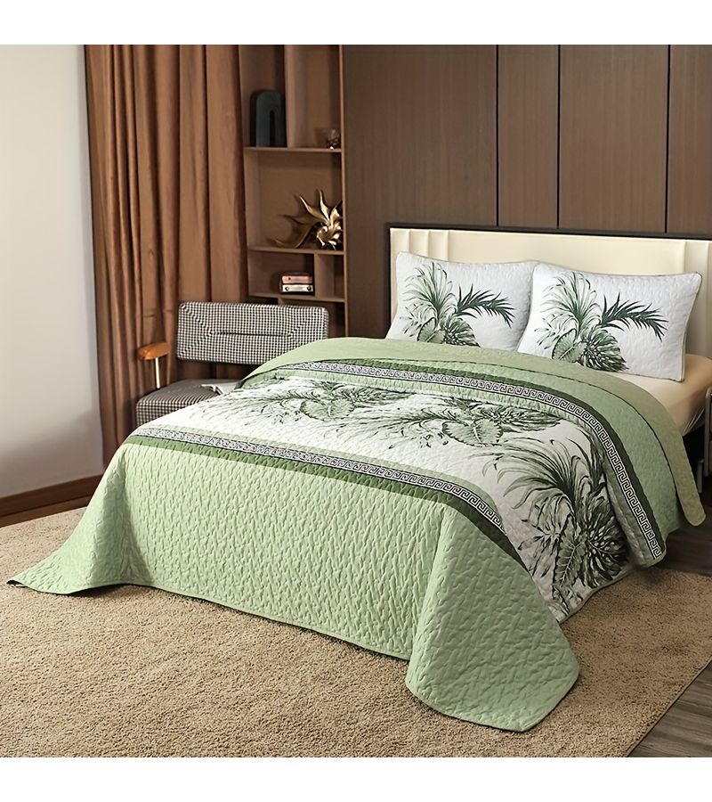 Large Floral Double Sided Quilted Bedspread 3 Piece Set Light Green One Bedspread Two Pillowcases Queen Size Skin Friendly Breathable Soft Suitable for All Seasons - Image 1
