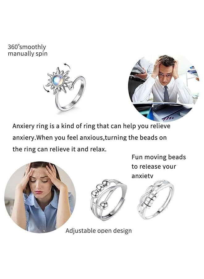 erorex 4Pcs Fidget Anxiety Rings For Women Men Spinner Rings For Anxiety Relieving Stress Sun Star Rotatable Rings Adjustable Open Silver Swivel Ring With Beads For Girls Women - Image 2