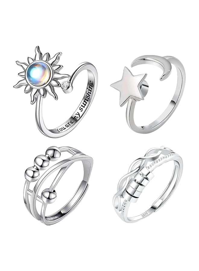 erorex 4Pcs Fidget Anxiety Rings For Women Men Spinner Rings For Anxiety Relieving Stress Sun Star Rotatable Rings Adjustable Open Silver Swivel Ring With Beads For Girls Women - Image 1