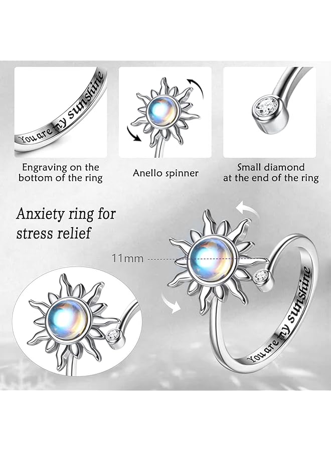erorex 4Pcs Fidget Anxiety Rings For Women Men Spinner Rings For Anxiety Relieving Stress Sun Star Rotatable Rings Adjustable Open Silver Swivel Ring With Beads For Girls Women - Image 5