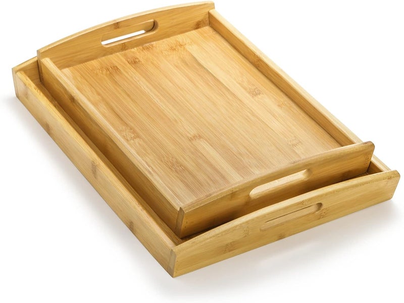Peohud 4 Pack Bamboo Serving Trays with Handles Rectangular Kitchen Food Tray for Eating Dinner Trays for Eating on Couch Wood Serving Platter for Breakfast Tea Bar Restaurant Party or Bed - Image 3