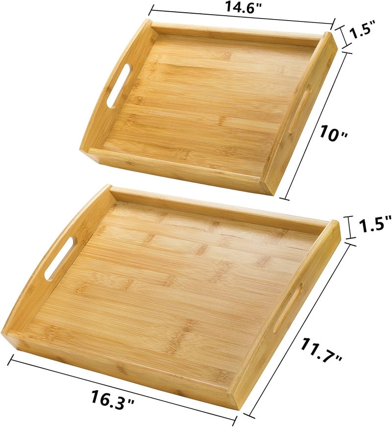Peohud 4 Pack Bamboo Serving Trays with Handles Rectangular Kitchen Food Tray for Eating Dinner Trays for Eating on Couch Wood Serving Platter for Breakfast Tea Bar Restaurant Party or Bed - Image 2