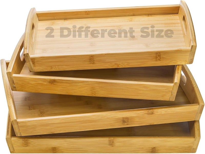 Peohud 4 Pack Bamboo Serving Trays with Handles Rectangular Kitchen Food Tray for Eating Dinner Trays for Eating on Couch Wood Serving Platter for Breakfast Tea Bar Restaurant Party or Bed - Image 1