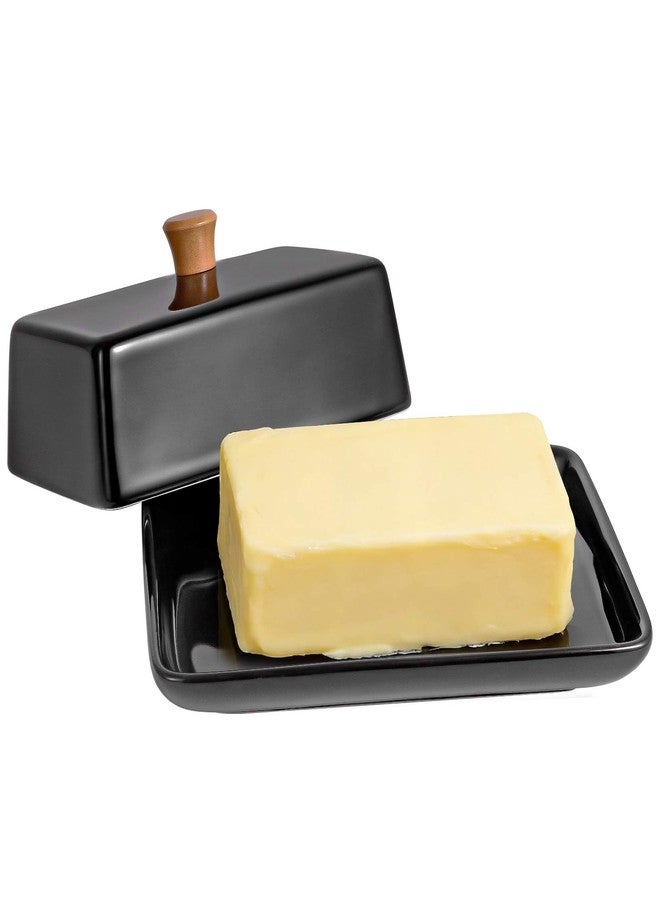 TENINYU Ceramic Black European Butter Dish with Lid for Countertop - Wide 2 Stick Double Butter Holder Perfect for East West Coast Butter, Dishwasher Safe (Black, 7 Inch) - Image 1