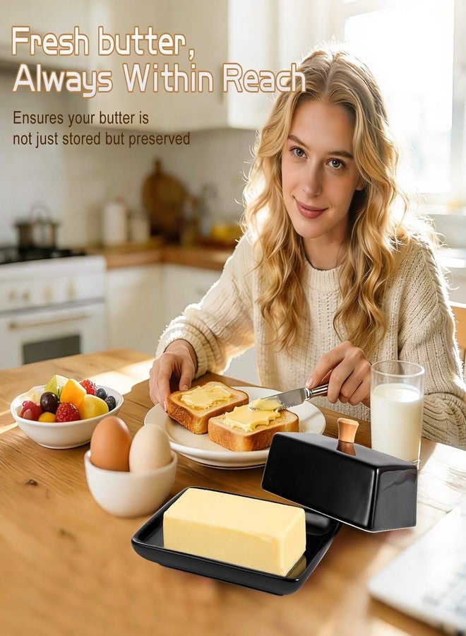 TENINYU Ceramic Black European Butter Dish with Lid for Countertop - Wide 2 Stick Double Butter Holder Perfect for East West Coast Butter, Dishwasher Safe (Black, 7 Inch) - Image 3