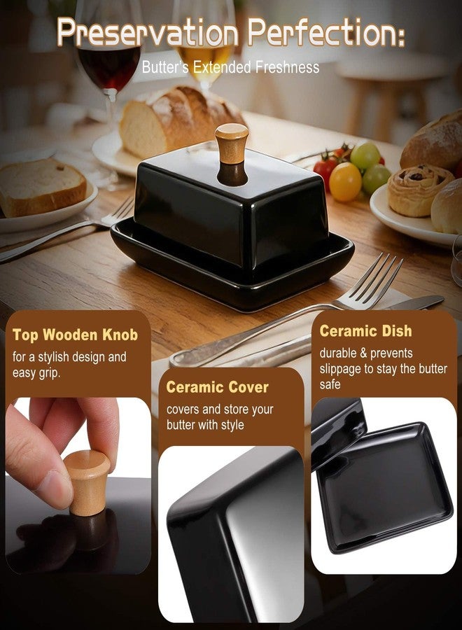 TENINYU Ceramic Black European Butter Dish with Lid for Countertop - Wide 2 Stick Double Butter Holder Perfect for East West Coast Butter, Dishwasher Safe (Black, 7 Inch) - Image 2