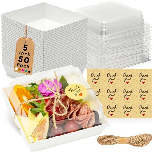Leafiew 50 Pack Small Charcuterie Boxes with Clear Lids - To Go Paper Mini Charcuterie Box, Disposable Food Containers, 5Inch Dessert Boxes - Sandwich, Cookie, Sushi, Cake Slice, Strawberries (White) - Image 1