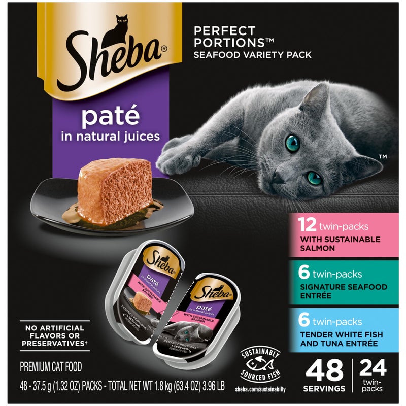 Sheba Perfect Portions Wet Cat Food Pate with Sustainable Salmon, Signature Seafood Entree, and Tender White Fish and Tuna Entree Variety Pack, 2.6 oz. Twin Pack Trays (24 Count, 48 Servings) - Image 1