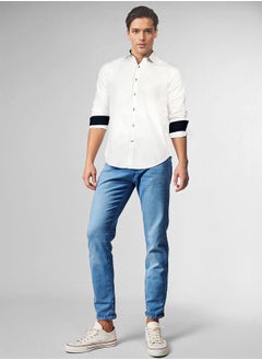 Dennis Lingo Men white regular fit solid full sleeves button down cotton blend shirts with button closure featuring a spread collar- a fresh take on timeless style.  - Image 5