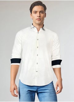 Dennis Lingo Men white regular fit solid full sleeves button down cotton blend shirts with button closure featuring a spread collar- a fresh take on timeless style.  - Image 1