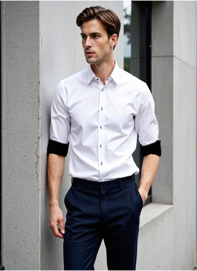 دينيس لينغو Men's White Cotton Blend Solid Button Down Regular Fit Shirt