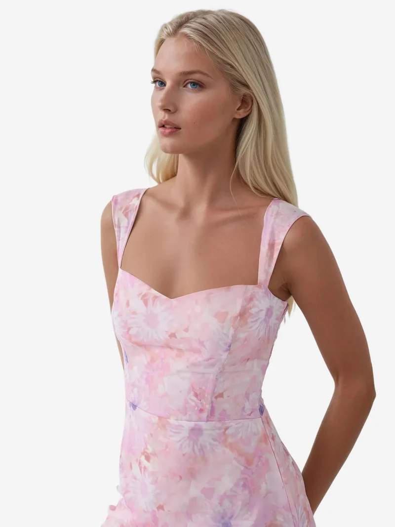 زوبعة فستان ماكسي مزين بالزهور بياقة على شكل قلب