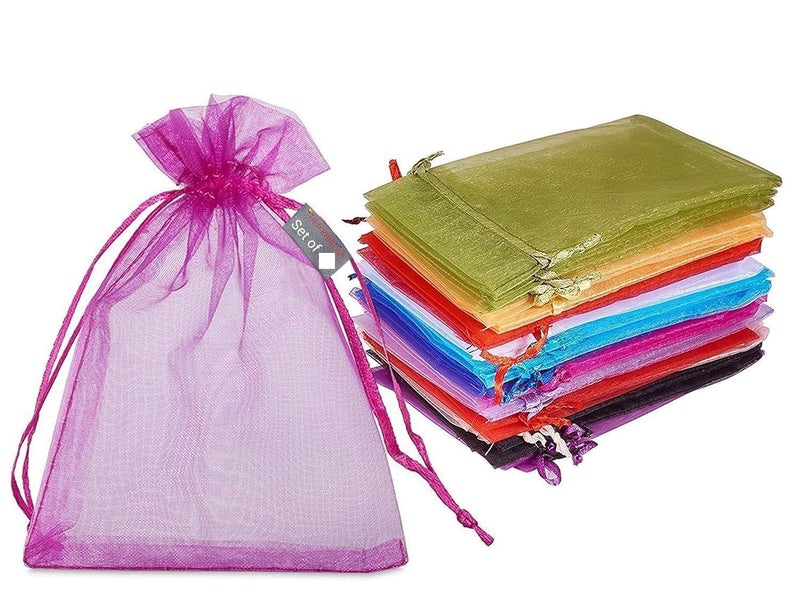 Adaamya® 50 Pcs Mix Colour Organza Unisex stylish Drawstring Potli Pouch for Jewellery, Money Notes, Women Wallet, Gift Bags rakhi, handbag Shagun Pouch, Candy Bags, Cosmetics (3" X4 (8 x 10 Cm)) - Image 1