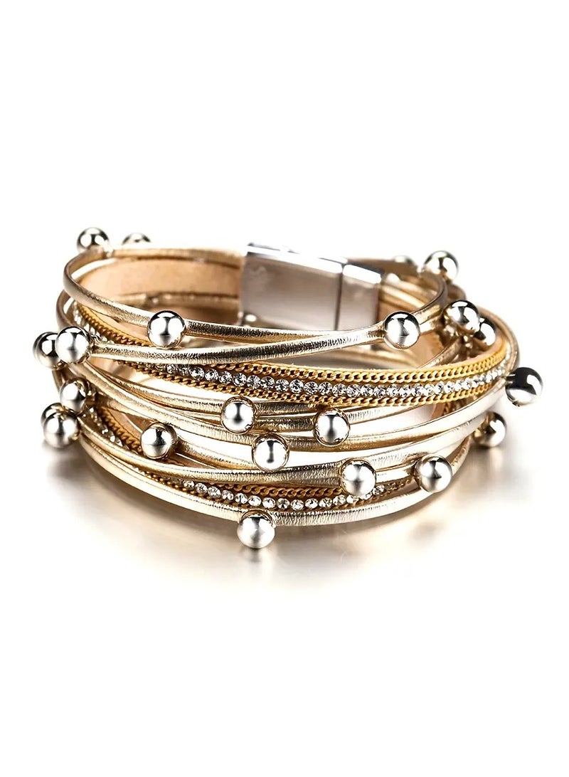 Goolsky 1pc Multi-Layered Faux Leather Bracelet for Men Women, Stylish Design Double Wrap Long Bracelet with Rhinestones, Party Jewelry, Gifts for Home Girlfriend Boyfriend - Image 5