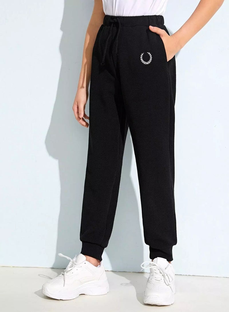 Boys Drawstring Waist Embroidery Detail Pants - Image 1